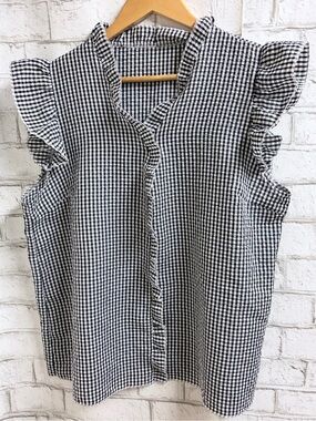 Black & White Sleeveless Gingham Blouse with Ruffle Trim NEW